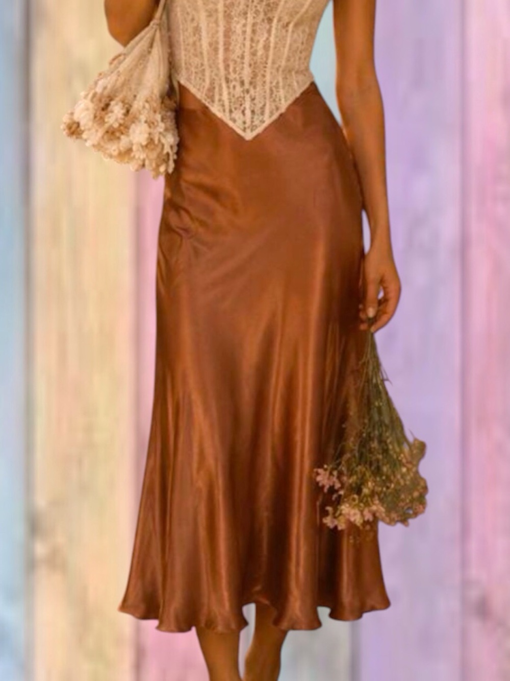 Nicole Miller Bronze Brown Satin Slip Midi Skirt